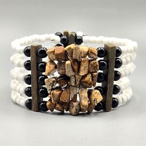 Handmade Jasper Stone Chip Multi Strand Memory Wire Cuff Bracelet White Black